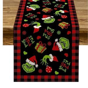 Grinch Christmas Table Runner Merry Christmas Buffalo Plaid Check 13" x 72")